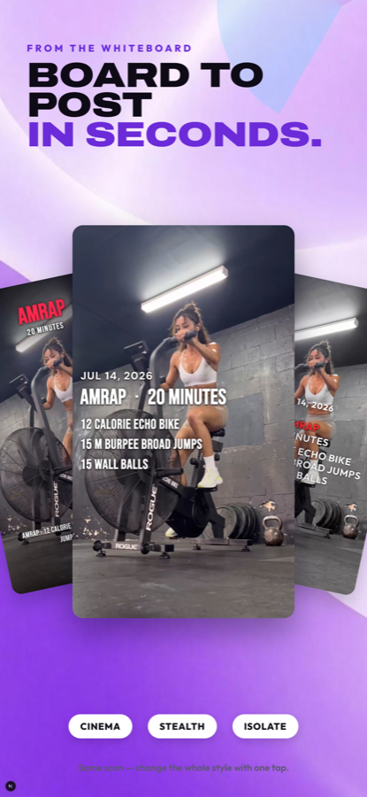 A styled workout sticker over a gym photo